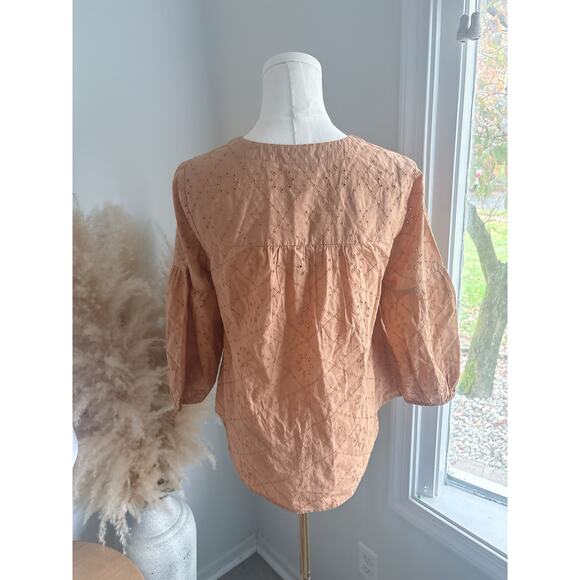 NWT J. Jill Eyelet Lantern Sleeve Blouse XS Petite Button Front V Neck Ginger - Picture 4 of 6